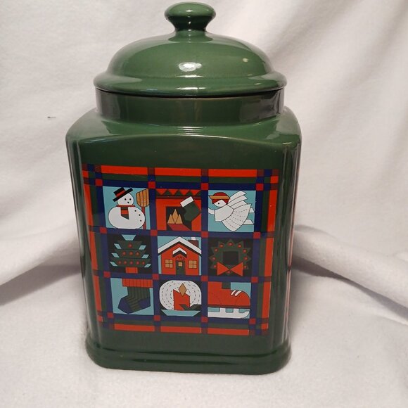 Dayton Hudson Green Christmas Cookie Jar Quilt Blocks Vintage Ceramic 9 3/4" - Picture 4 of 12